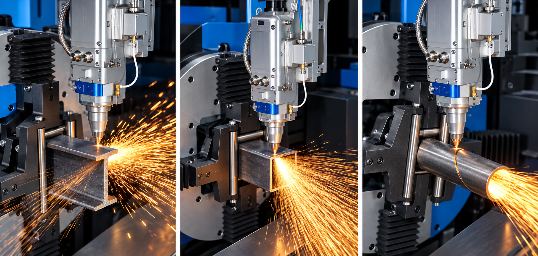 Laser cutting of an I-section, rectangular tube and round tube